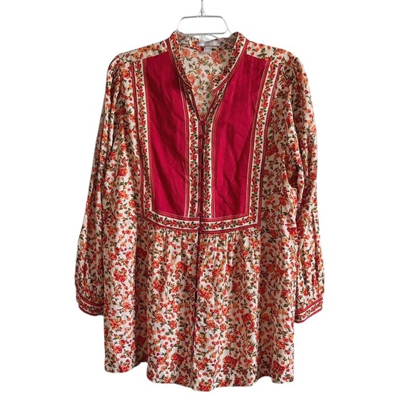 Woman Within Tops - Woman Within Deep Red Orange Floral Button Front Tunic Peasant Top M 14/16 Gypsy